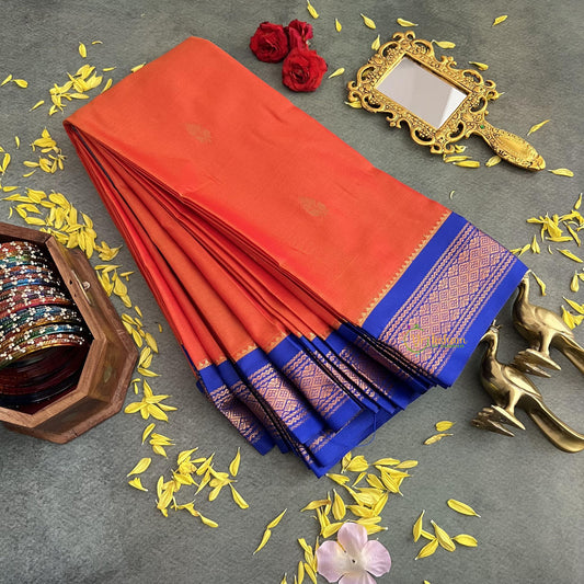 Orange with Blue Border Semi Soft Silk Saree-VS4017