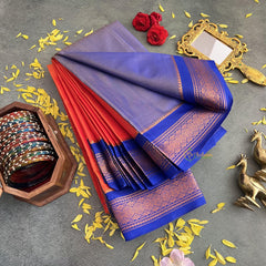 Orange with Blue Border Semi Soft Silk Saree-VS4017