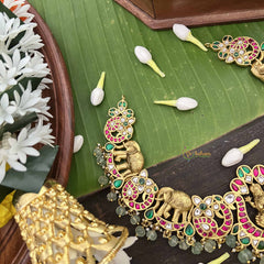 Vrikshamv Traditional Lakshmi With Elephant Kundan Jadau Short Neckpiece-Aqua Green Bead-J4024