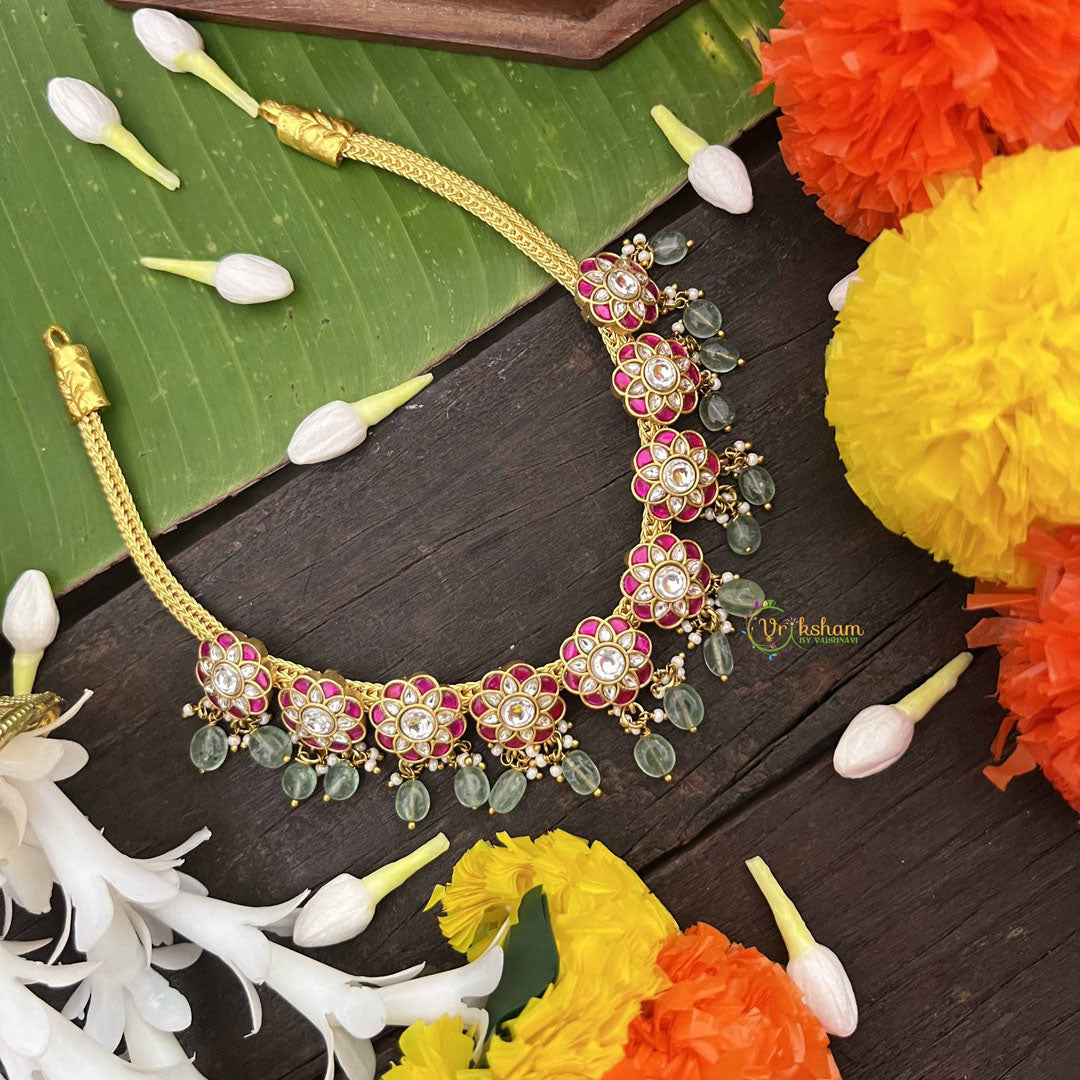 Vriksham Minimalist Kundan Jadau  Flower Choker Neckpiece-Aqua Green Bead-J4017