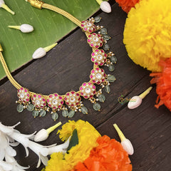 Vriksham Minimalist Kundan Jadau  Flower Choker Neckpiece-Aqua Green Bead-J4017