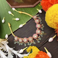 Vriksham Minimalist Kundan Jadau  Flower Choker Neckpiece-Aqua Green Bead-J4017