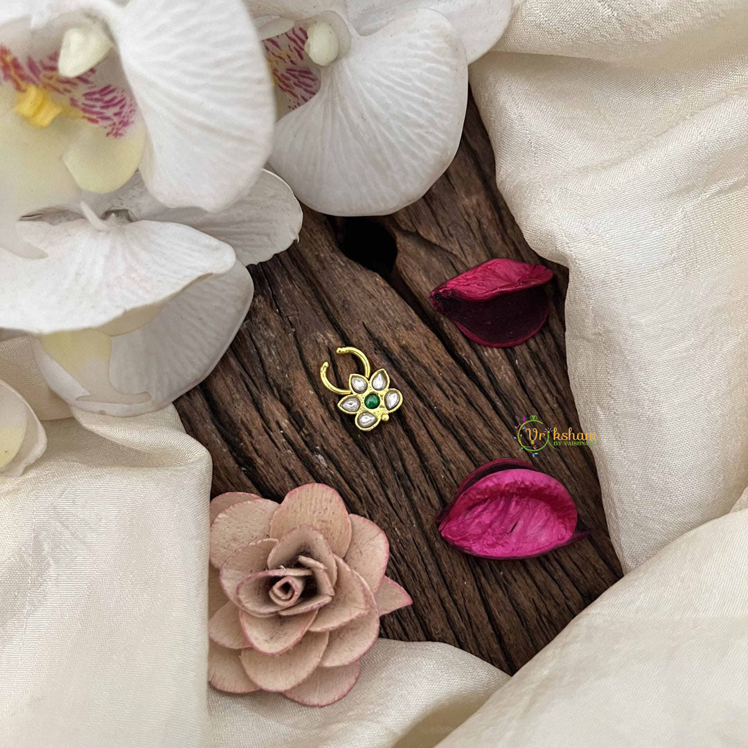 Vriksham Elegant Leaf  Style Golden Kundan Jadau Septum Ring-White Green-J3756