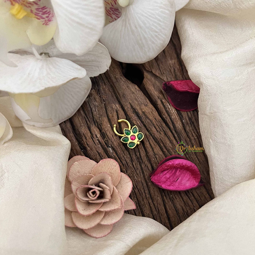 Vriksham Elegant Leaf  Style Golden Kundan Jadau Septum Ring-Red Green-J3757