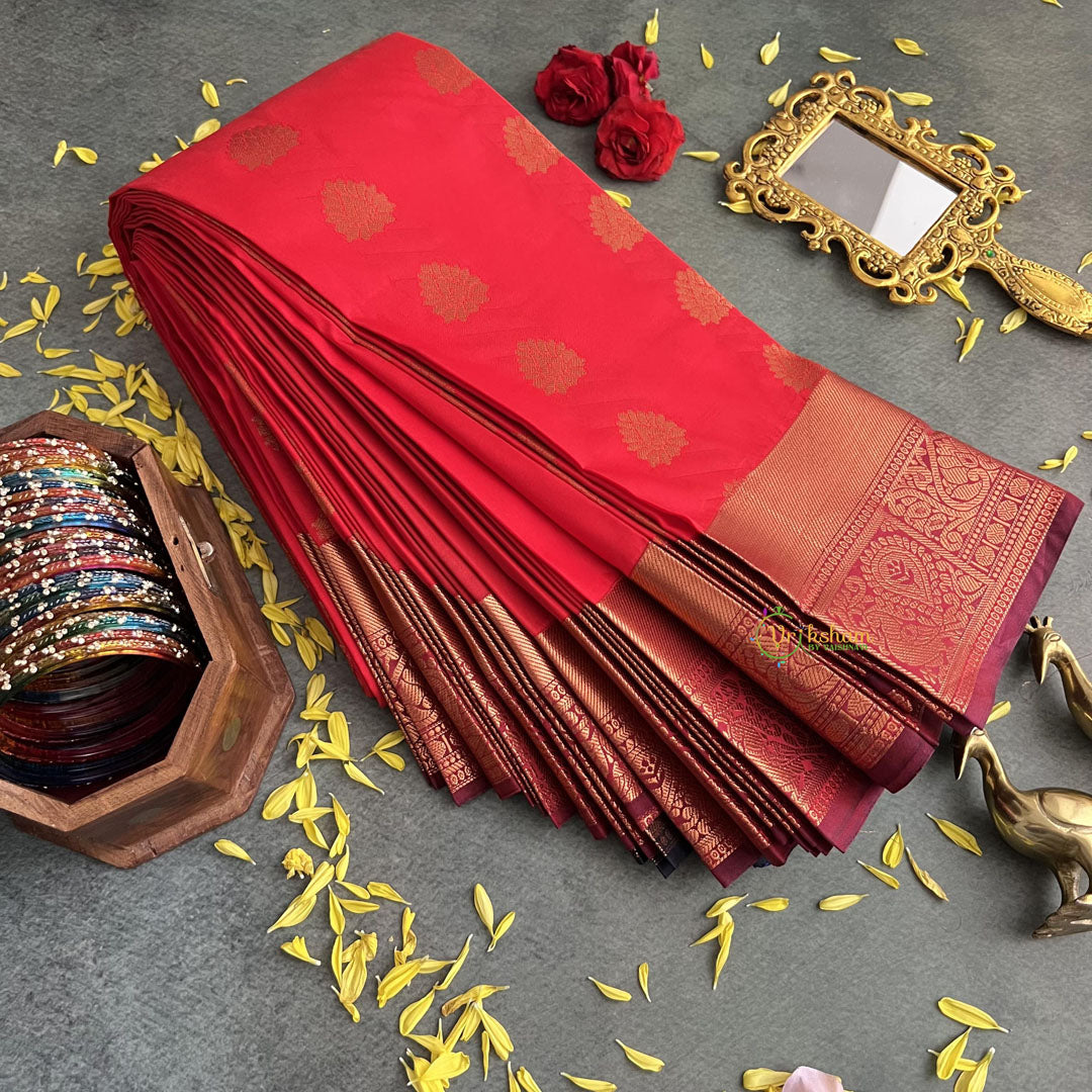 Red with Maroon Border Semi Soft Silk Saree-VS4036