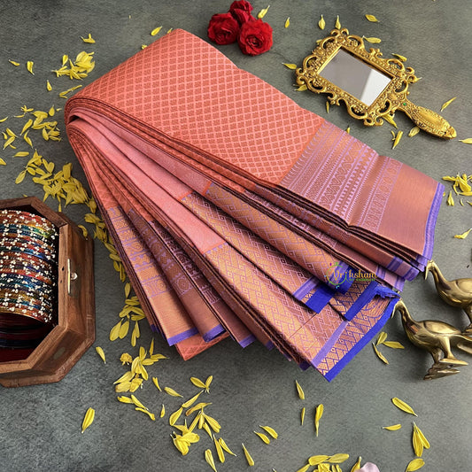 Peach with Lavender Border Semi Soft Silk Saree-VS4039