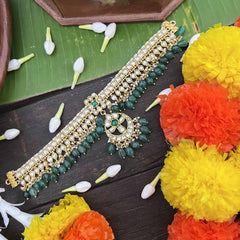 Vrikshamv Bridal White Half Moon Kundan Jadau Short Neckpiece-Green Bead-J4025