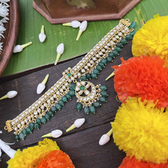 Vrikshamv Bridal White Half Moon Kundan Jadau Short Neckpiece-Green Bead-J4025