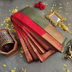 Red with Green Border Semi Soft Silk Saree-VS4042