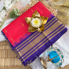 Hot Pink Korvai Silk Cotton Saree-Vairaoosi Podi Kattam with Butta-Handloom-VS3400