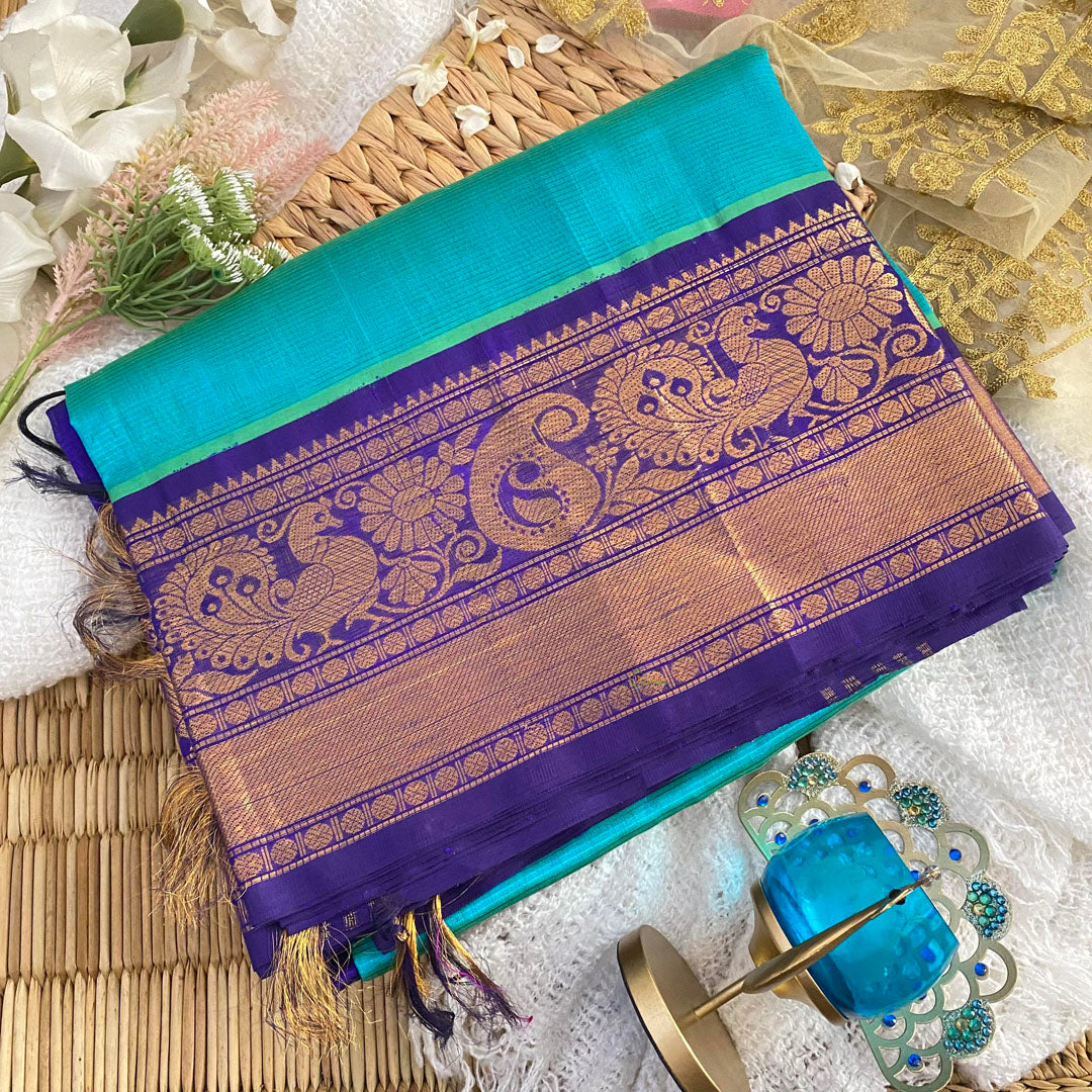 Teal Blue with Ink Blue Border Korvai Silk Cotton Saree-Handloom-VS3396