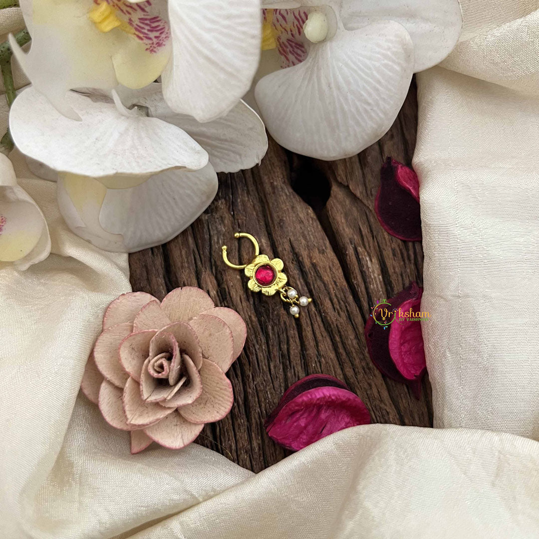 Vriksham Sun Floral Style Golden Kundan Jadau Septum Ring-Red-Pearl-J3751