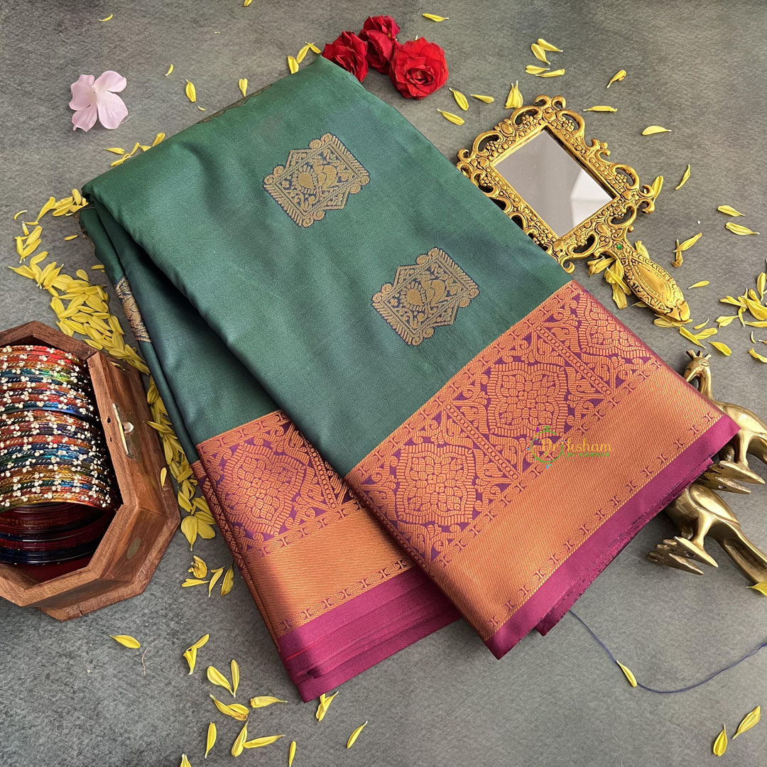 Dark Green with Purple Border Semi Soft Silk Saree-VS4038