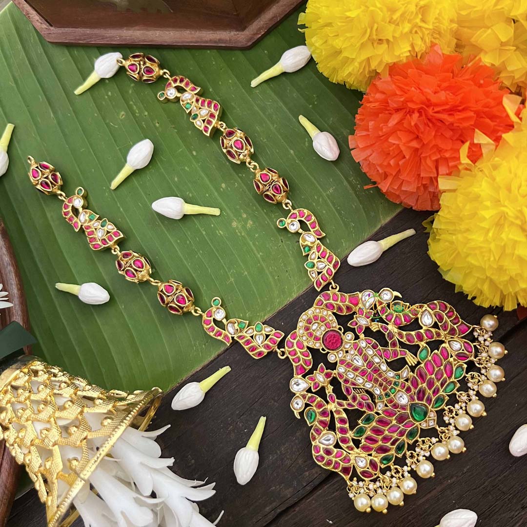 Vriksham Antique Peacock Nakshi &Lotus Lakshmi Design Kundan Jadau Long Neckpiece-Pearls-J4054