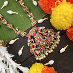 Vriksham Antique Peacock Nakshi &Lotus Lakshmi Design Kundan Jadau Long Neckpiece-Pearls-J4054
