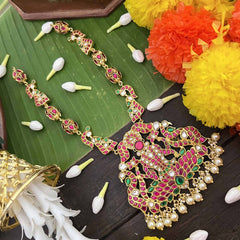 Vriksham Antique Peacock Nakshi &Lotus Lakshmi Design Kundan Jadau Long Neckpiece-Pearls-J4054