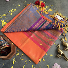 Burnt Orange Color with Gadwal Border Semi Soft Silk Saree-VS4054