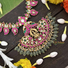 Vriksham Classic Lakshmi Pendant With Manga Design Kundan Jadau Long Neckpiece-Green Bead-J4055