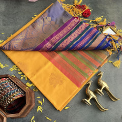 Yellow with Gadwal Border Semi Soft Silk Saree-VS4059