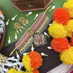 Vrikshamv Half Circle With lakshmi Neckpiece-Aqua Green Bead-Pearls-J4027