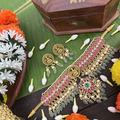 Vrikshamv Half Circle With lakshmi Neckpiece-Aqua Green Bead-Pearls-J4027