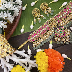 Vrikshamv Half Circle With lakshmi Neckpiece-Aqua Green Bead-Pearls-J4027