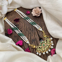 Vriksham Elegant Floral with Two Side Peacock Kundan Jadau Beaded Mala-Green White-J2843