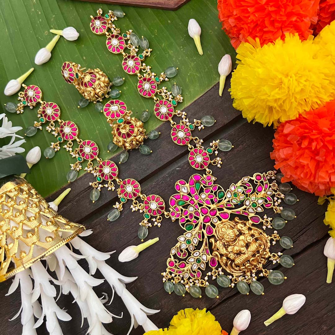 Vrikshamv Traditional Lakshmi & Floral Kundan Jadau Long Neckpiece-Aqua Green Bead-J4035