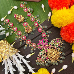 Vrikshamv Traditional Lakshmi & Floral Kundan Jadau Long Neckpiece-Aqua Green Bead-J4035