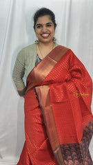 Red with Blue Border Laksham Butta Semi Soft Silk Saree-VS4062