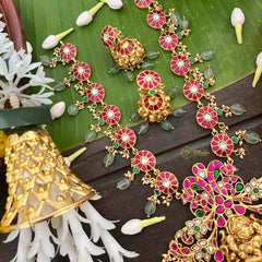 Vrikshamv Traditional Lakshmi & Floral Kundan Jadau Long Neckpiece-Aqua Green Bead-J4035