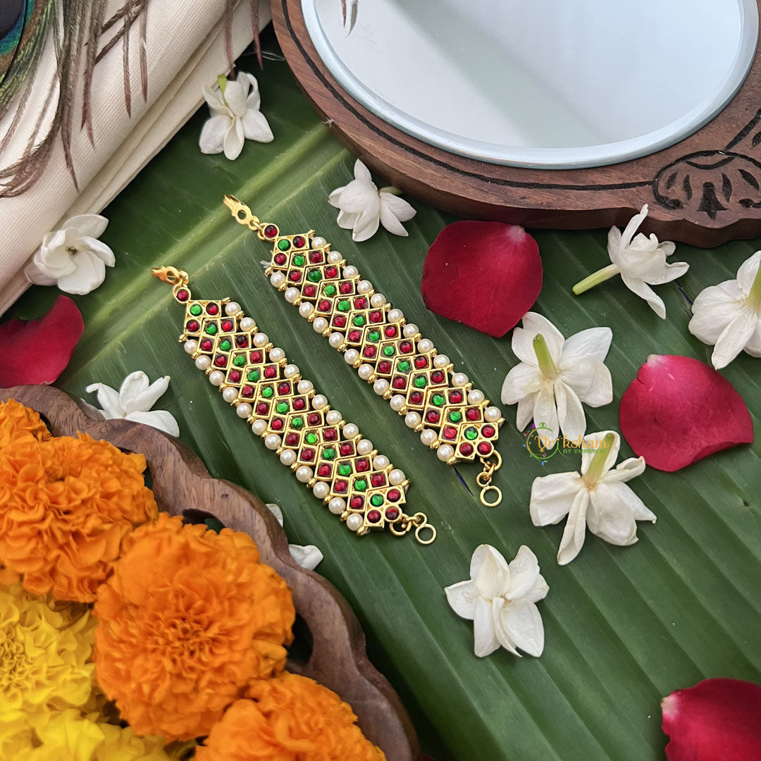 Vriksham Gold Look Alike Three Line Red With Green Traditional Kemp Maatil-Pearl-G19660