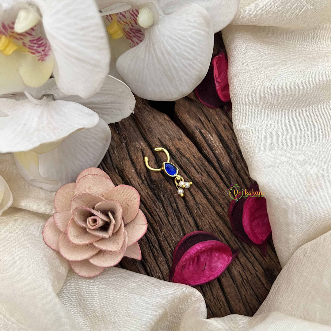 Vriksham Pear Style Golden Kundan Jadau Septum Ring-Blue-Pearl-J3753
