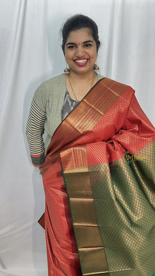 Red with Green Border Semi Soft Silk Saree-VS4042