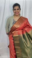 Red with Green Border Semi Soft Silk Saree-VS4042