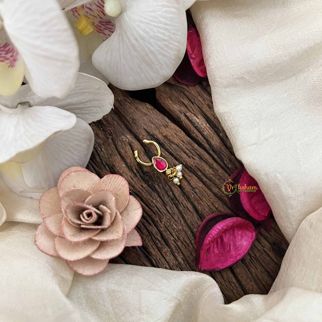 Vriksham Pear Style Golden Kundan Jadau Septum Ring-Red-Pearl-J3752