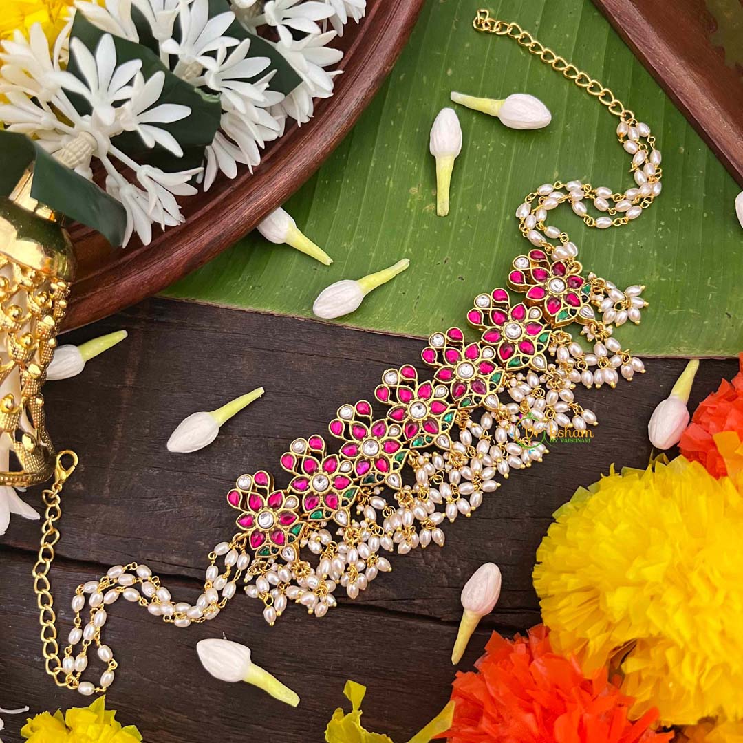 Vrikshamv Bridal Floral 7 Leaf Choker-Rice Pearls-J4030