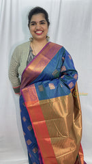 Turquoise with Purple Border Semi Soft Silk Saree-VS4037