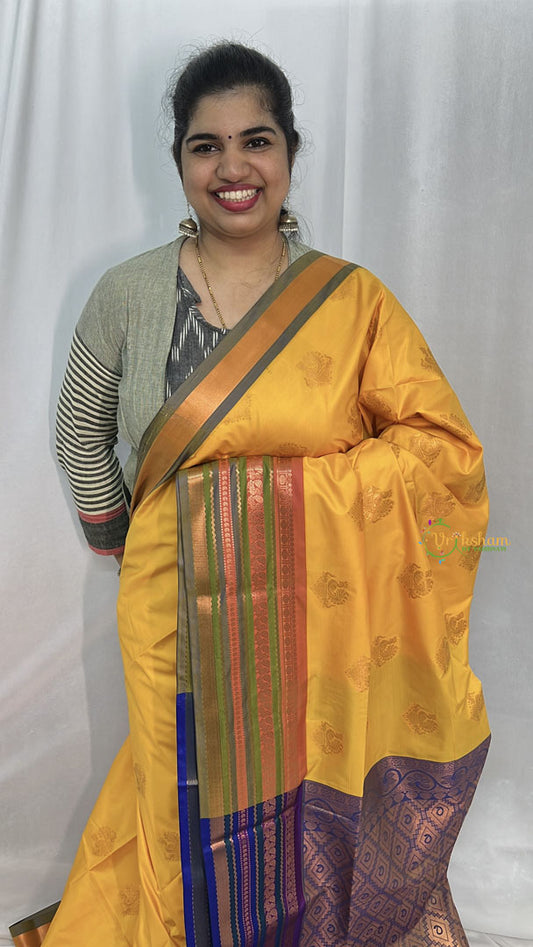 Yellow with Gadwal Border Semi Soft Silk Saree-VS4059