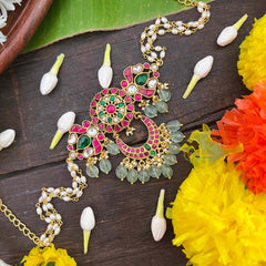 Vrikshamv Elegant Floral & Peacock Side Kundan Jadau Choker-Rice Pearls Bead-J4034