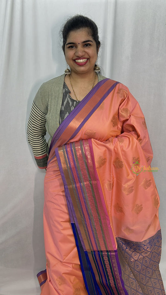 Peach Color with Gadwal Border Semi Soft Silk Saree-VS4055