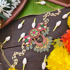 Vrikshamv Elegant Floral & Peacock Side Kundan Jadau Choker-Rice Pearls Bead-J4034