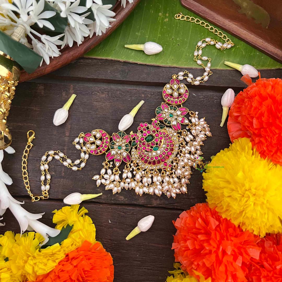 Vriksham Elegant Dual Peacock Design Kundan Jadau Guttapusalu Choker-Rice Pearls Bead-J4038