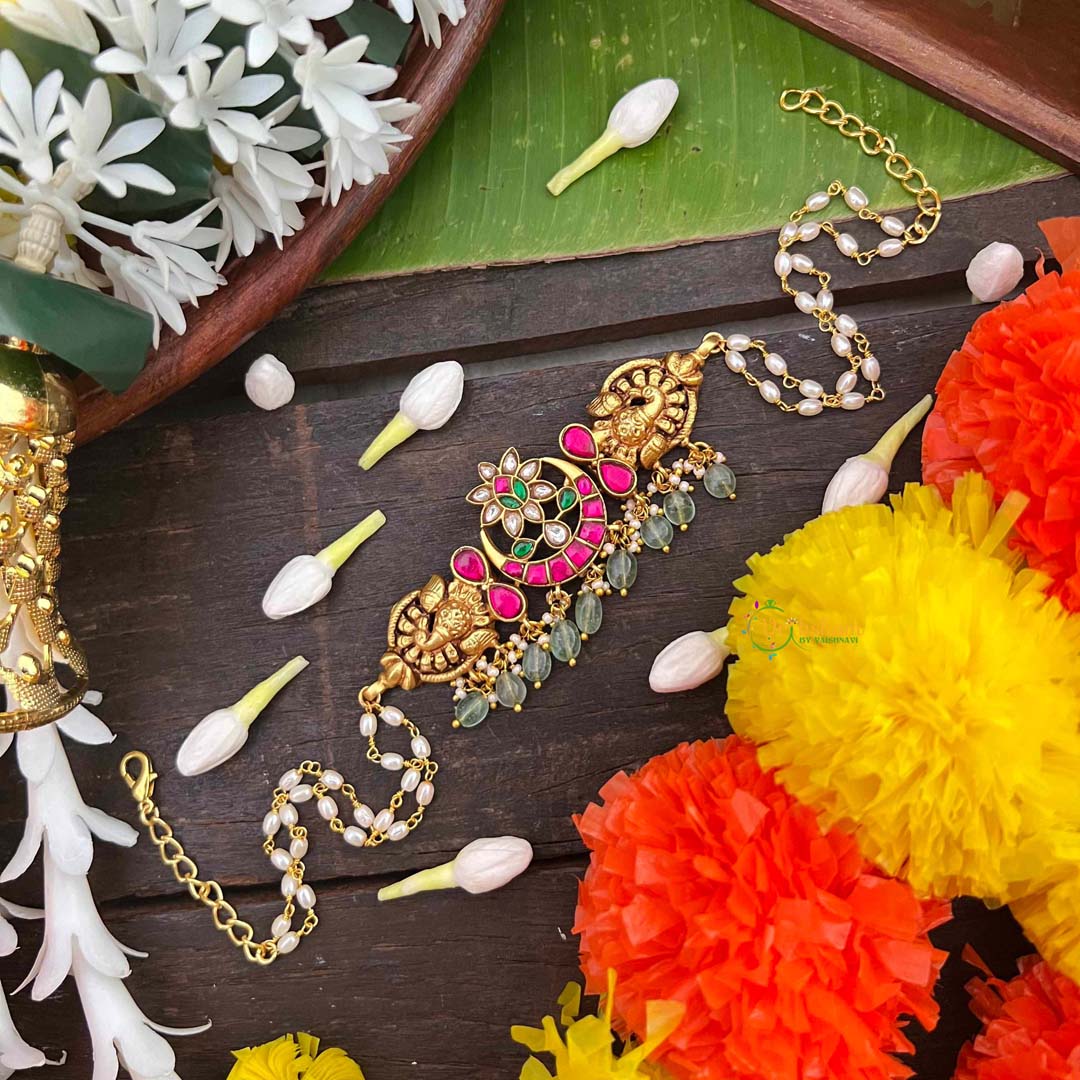 Vriksham Half Moon WithPeacock Design Kundan Jadau Choker-Rice Pearls Bead-J4039