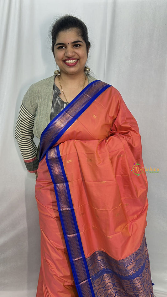 Peach with Blue Border Semi Soft Silk Saree-VS4020