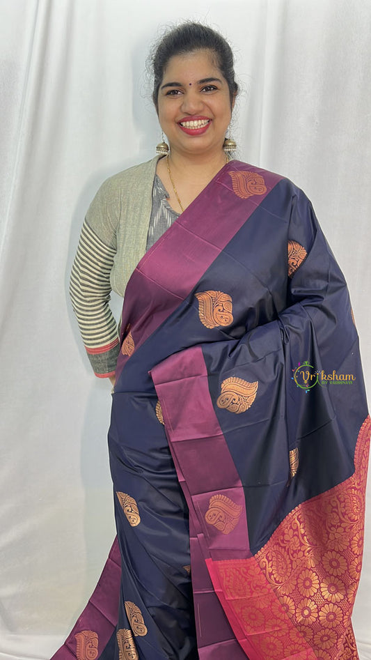 Navy Blue with Self Design Border Semi Soft Silk Saree-VS4032