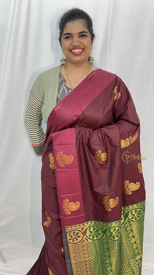 Maroon with Self Design Border Semi Soft Silk Saree-VS4033