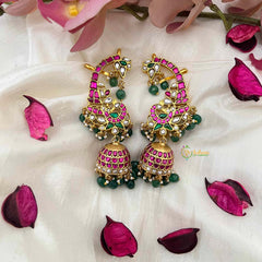 Vriksham Grand Indian Kaan-Style Kundan Jadau Jhumka Earrings With Earcuff-Green Bead-J4219