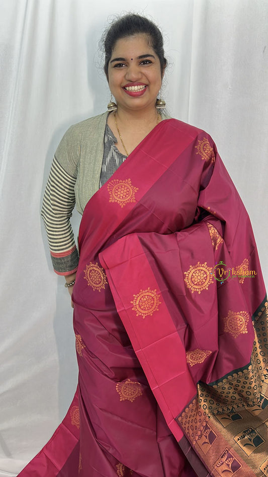 Wine Color with Self Design Border Semi Soft Silk Saree-VS4031