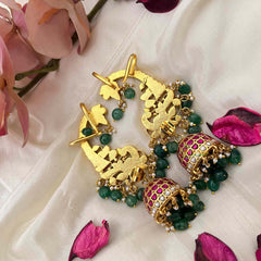 Vriksham Grand Indian Kaan-Style Kundan Jadau Jhumka Earrings With Earcuff-Green Bead-J4219